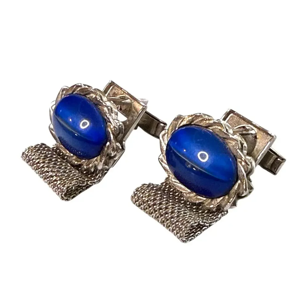 Vintage Cufflinks Mens Silver Tone Blue Cabochons Wraparound Formal Workwear